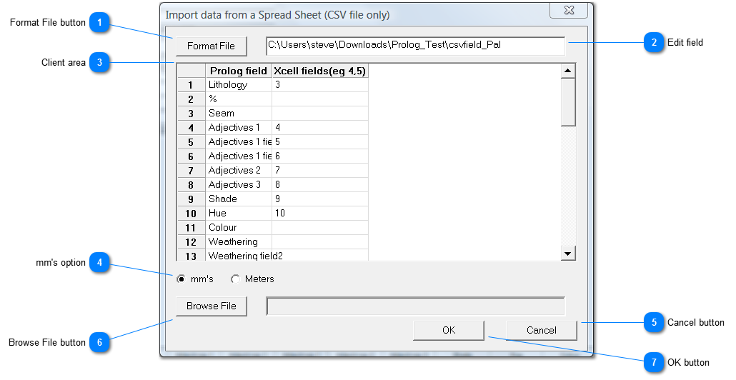 Import data from a Spread Sheet (CSV file only) window