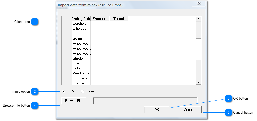 Import data from minex (ascii columns) window